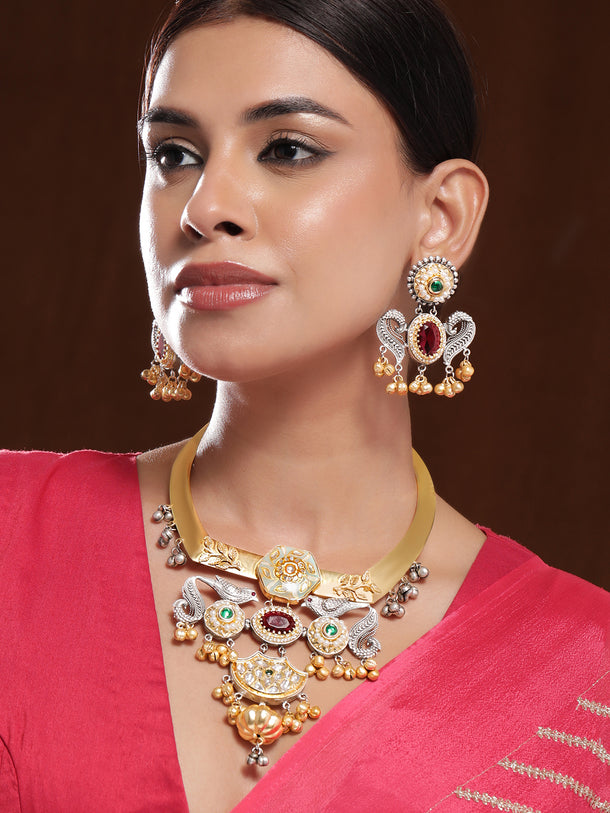 Gold Drops Bird Motif Multicolor Necklace Set