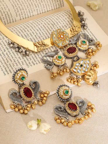 Gold Drops Bird Motif Multicolor Necklace Set