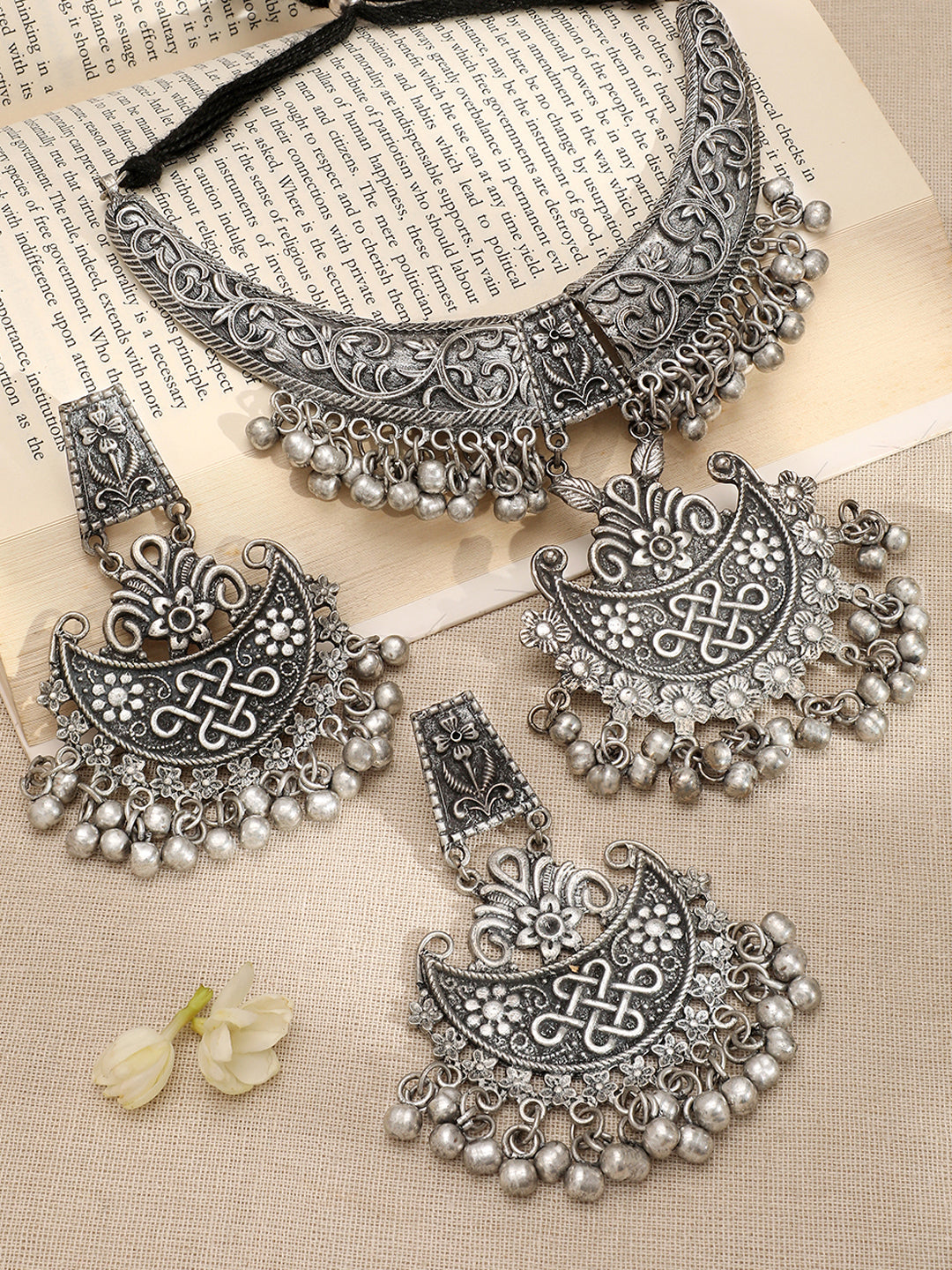 Oxidized Silver Beaded Floral Necklace Set