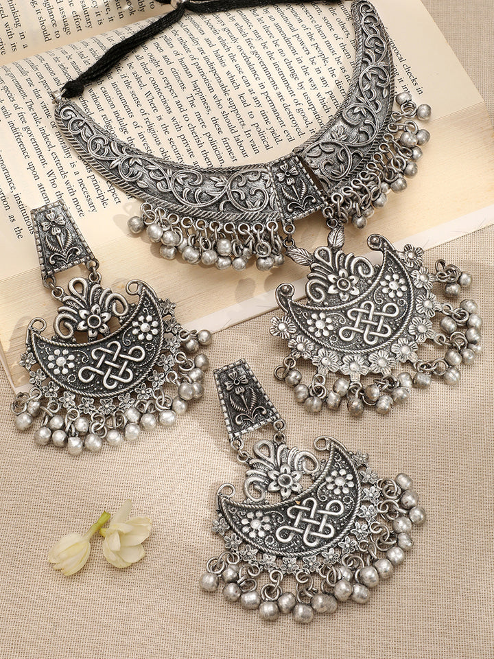 Oxidized Silver Beaded Floral Necklace Set