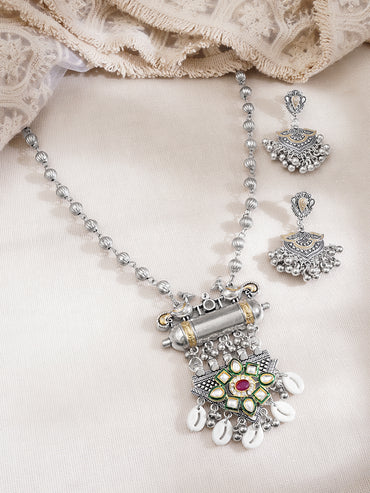 Oxidised Kundan Cowrie Shell Charm Statement Pendant Necklace Set