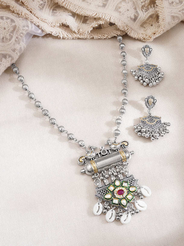Oxidised Kundan Cowrie Shell Charm Statement Pendant Necklace Set