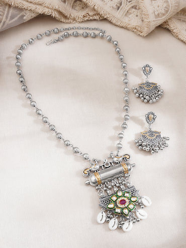 Oxidised Kundan Cowrie Shell Charm Statement Pendant Necklace Set