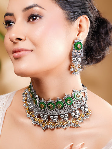 Women Oxidised Green Enamel Ghungroo Charm Choker Necklace Set