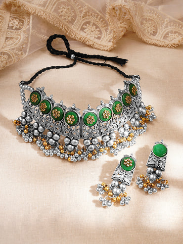 Women Oxidised Green Enamel Ghungroo Charm Choker Necklace Set