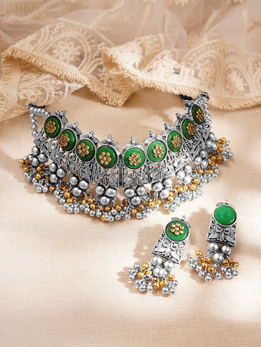 Women Oxidised Green Enamel Ghungroo Charm Choker Necklace Set