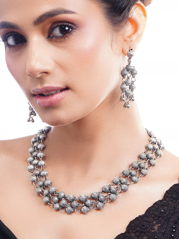 Oxidised Textured Beaded Layered Statement Necklace Set