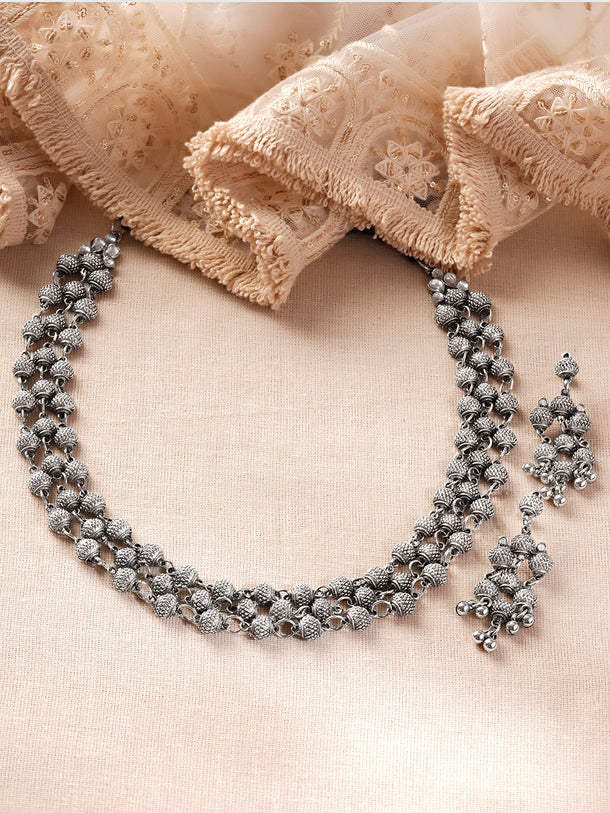 Oxidised Textured Beaded Layered Statement Necklace Set