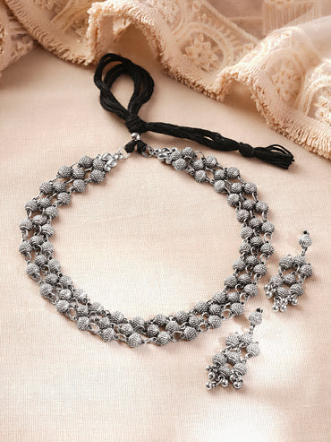 Oxidised Textured Beaded Layered Statement Necklace Set