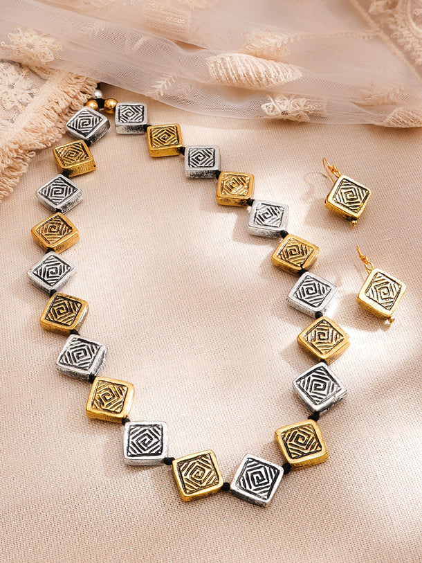 Dual Toned Cubic Charm Oxidised Necklace Set