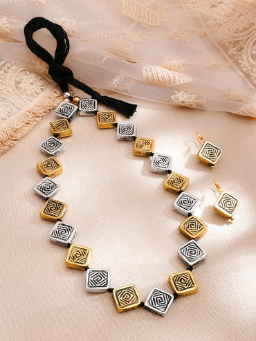 Dual Toned Cubic Charm Oxidised Necklace Set