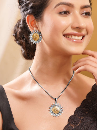 Antique Oxidised Sunburst Pendant Set