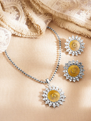 Antique Oxidised Sunburst Pendant Set