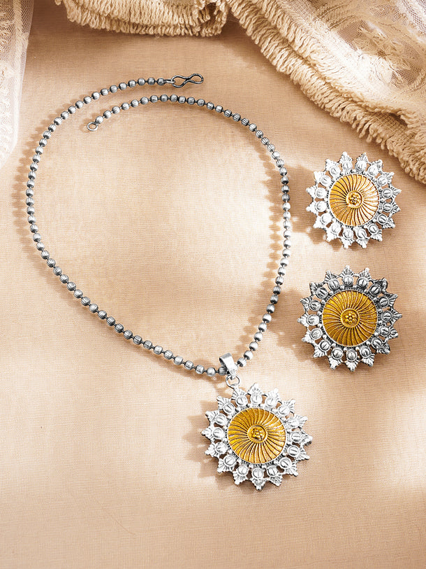 Antique Oxidised Sunburst Pendant Set