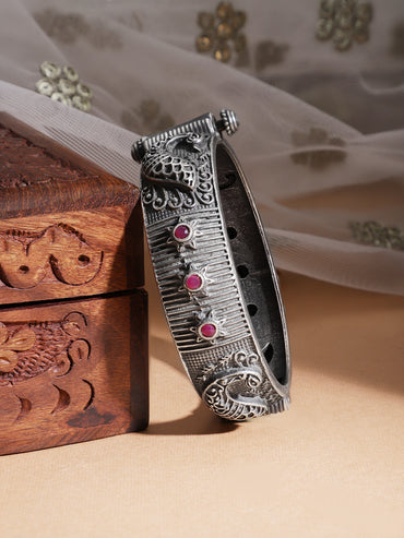 Rubans Oxidised Filigree Silver Plated Ruby Stone Handcrafted Peacock Bracelet
