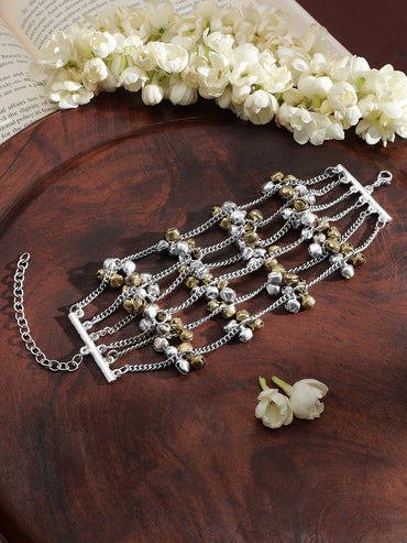 Rubans Oxidised Silver-Plated Multi-Layered Chain Bracelet with Golden & Silver Bells