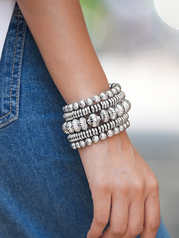 Rubans Silver-Plated Textured Beaded Statement Bracelet for Women