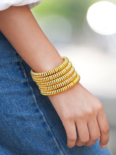 Rubans 18K Gold-Plated Glossy Golden Beaded Multi-Layered Coiled Bracelet for Women