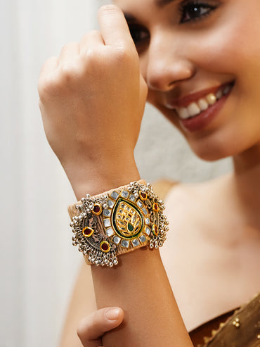 Rubans Women Brass Kundan Gold-Plated Cuff Bracelet