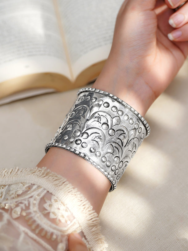 Oxidised Silver Plated Engraved Statement Cuff Bracelet