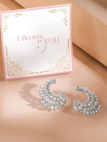 Rubans Rhodium Plated White Cubic Zirconia Studded Handcrafted Feather Shaped Statement Stud Earrings