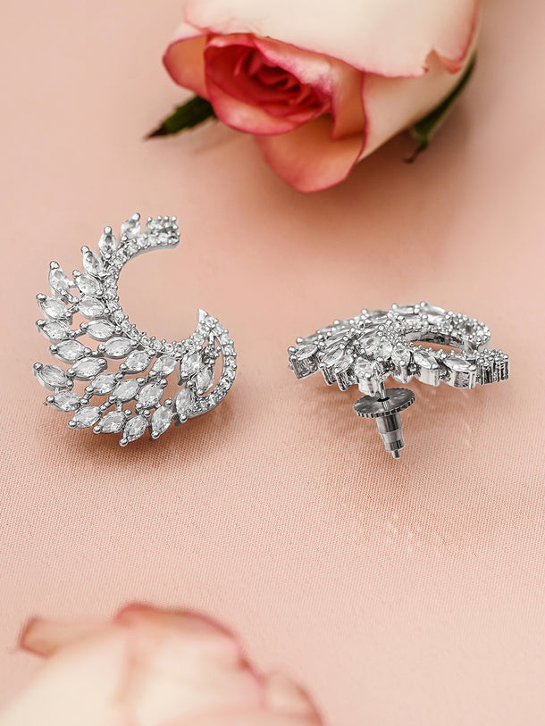 Rubans Rhodium Plated White Cubic Zirconia Studded Handcrafted Feather Shaped Statement Stud Earrings