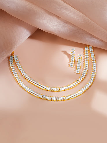 Gold Plated Layered American Diamond Statement Necklace Set