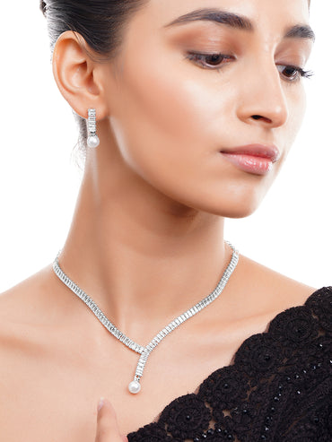 Rhodium Plated American Diamond Pearl Drop Y Necklace Set
