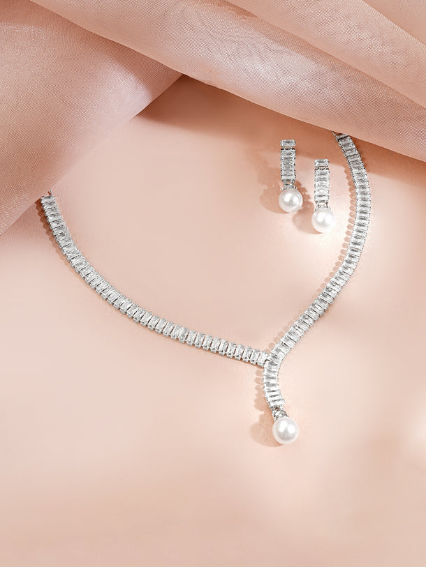 Rhodium Plated American Diamond Pearl Drop Y Necklace Set