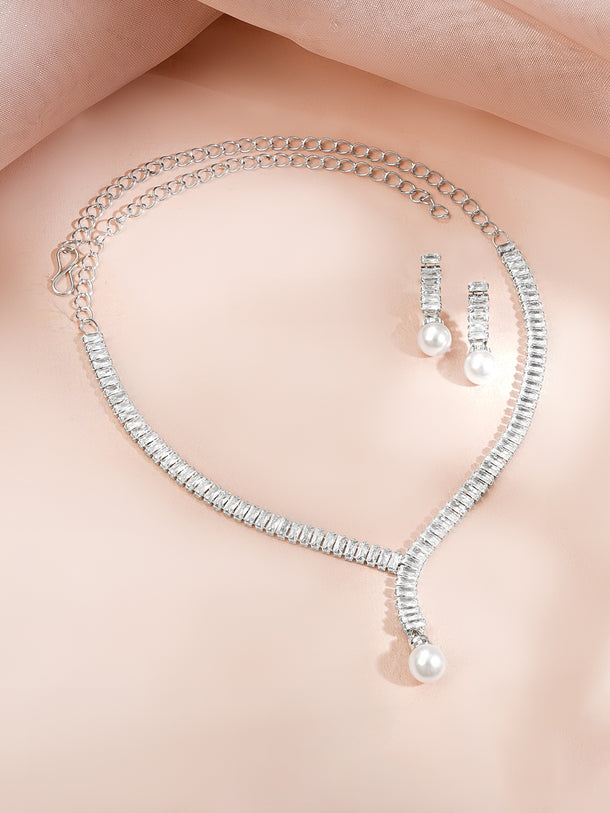 Rhodium Plated American Diamond Pearl Drop Y Necklace Set
