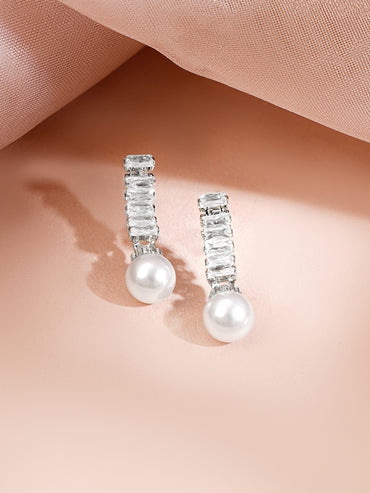 Rhodium Plated American Diamond Pearl Drop Y Necklace Set
