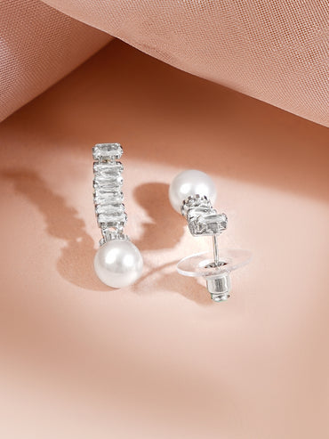 Rhodium Plated American Diamond Pearl Drop Y Necklace Set