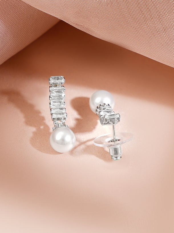 Rhodium Plated American Diamond Pearl Drop Y Necklace Set