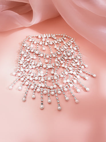 Rhodium Plated American Diamond Zirconia Pearl Beaded Hair Brooch