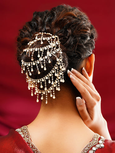 Gold Plated American Diamond Zirconia Pearl Beaded Hair Brooch