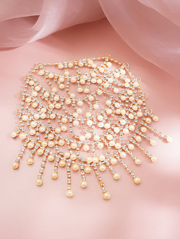 Gold Plated American Diamond Zirconia Pearl Beaded Hair Brooch
