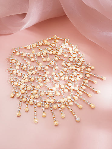 Gold Plated American Diamond Zirconia Pearl Beaded Hair Brooch