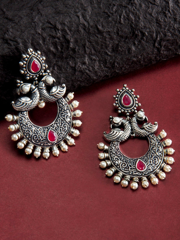 Rubans Silver Toned Faux Ruby Studded Oxidised Peacock Chandbali Earrings