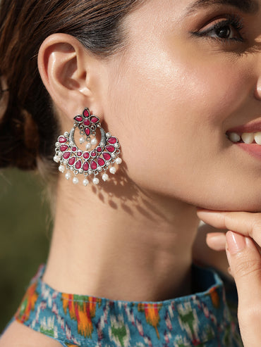 Rubans Oxidised Silver Toned Faux Ruby Studded Embellished With Pearl Chandbali Earrings