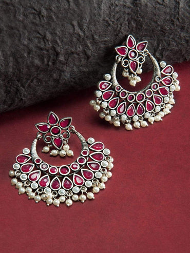 Rubans Oxidised Silver Toned Faux Ruby Studded Embellished With Pearl Chandbali Earrings