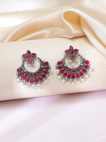 Rubans Oxidised Silver Toned Faux Ruby Studded Embellished With Pearl Chandbali Earrings