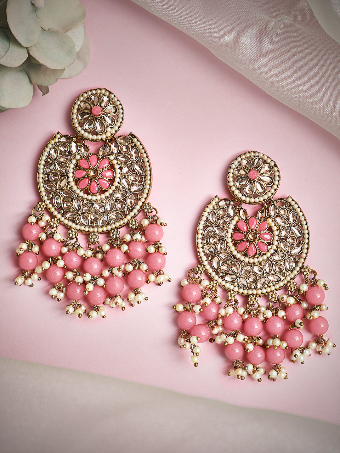 Rubans Gold Plated Handcrafted AD Studded & Pink Beads Chandbali Earrings