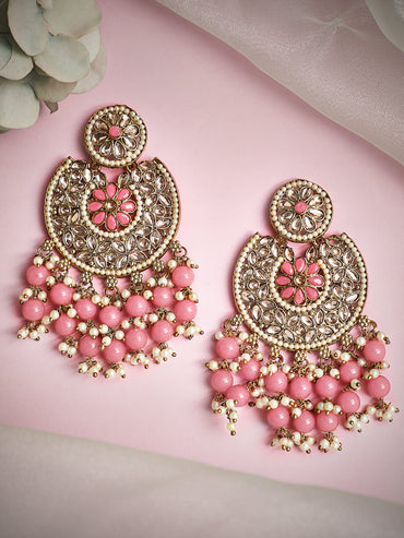 Rubans Gold Plated Handcrafted AD Studded & Pink Beads Chandbali Earrings