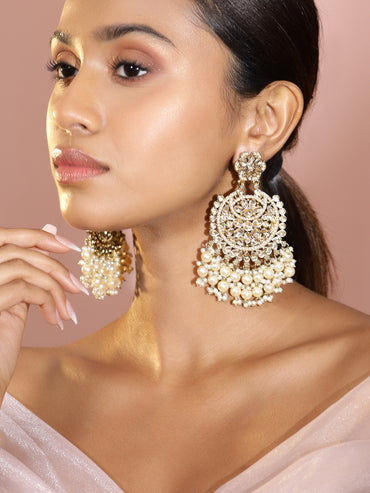 Rubans 22K Gold Plated Kundan Studded Handcrafted Long Chandbali with Cream-Colored Pearls
