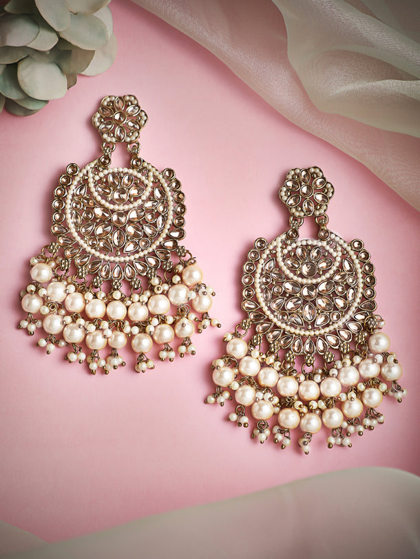 Rubans 22K Gold Plated Kundan Studded Handcrafted Long Chandbali with Cream-Colored Pearls