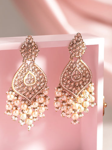 Rubans 18K Gold-Plated Kundan & Glossy Cream Pearl Beaded Handcrafted Long Chandelier Earrings