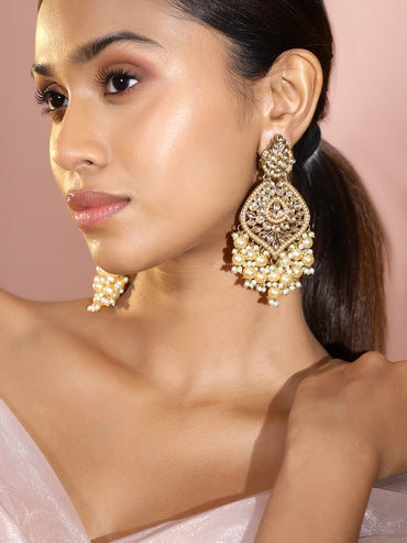 Rubans 18K Gold-Plated Kundan & Glossy Cream Pearl Beaded Handcrafted Long Chandelier Earrings