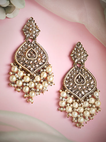 Rubans 18K Gold-Plated Kundan & Glossy Cream Pearl Beaded Handcrafted Long Chandelier Earrings