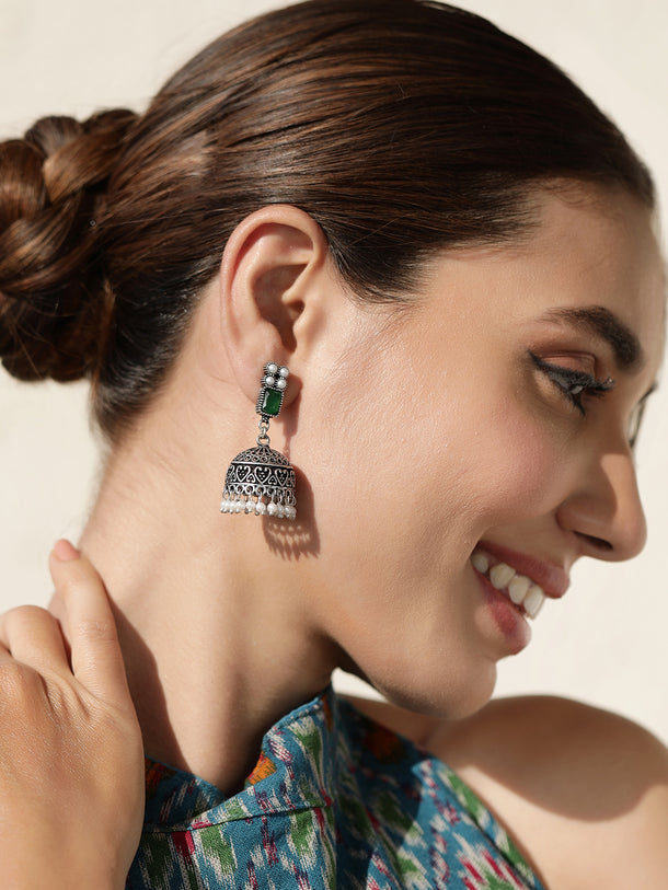Rubans Oxidised Silver Toned Faux Emerald Studded Jhumka Earrings