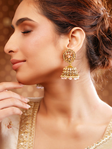 Antique Gold Plated Pastel Pink Kundan Pearl Jhumka Earrings